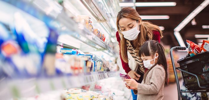 mom and daughter in masks at grocery store