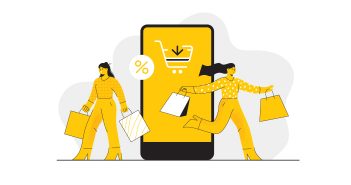 illustration of shoppers and mobile phone